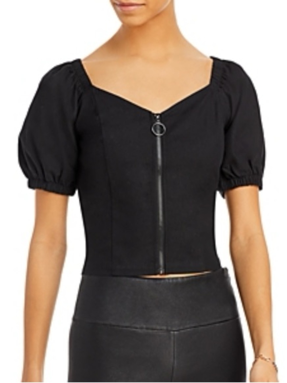 Aqua Black Puff-Sleeve Zip-Front Women’s Top